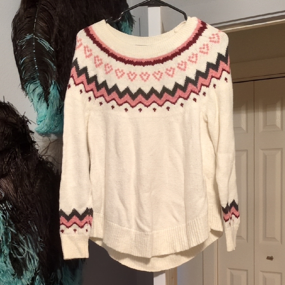 LOFT Cream Fair Isle Crewneck Sweater with Pink and Charcoal Accents